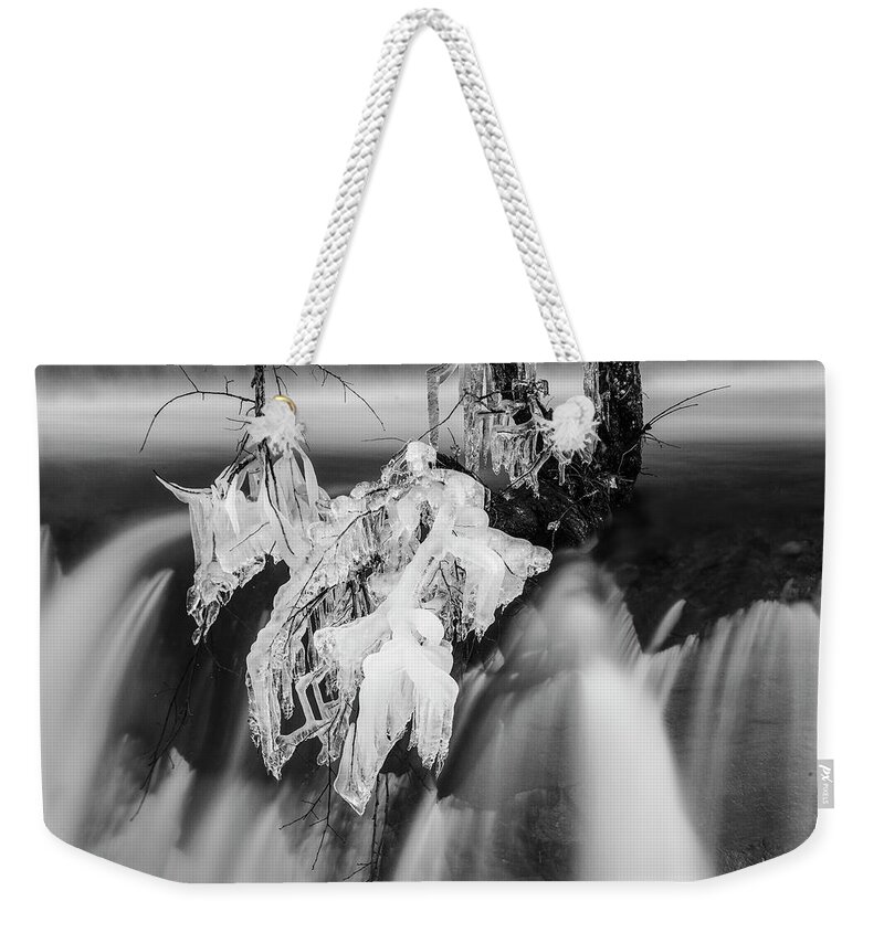 10 Mile River Weekender Tote Bag featuring the photograph Ten Mile River VII Hunts Mills BW by David Gordon