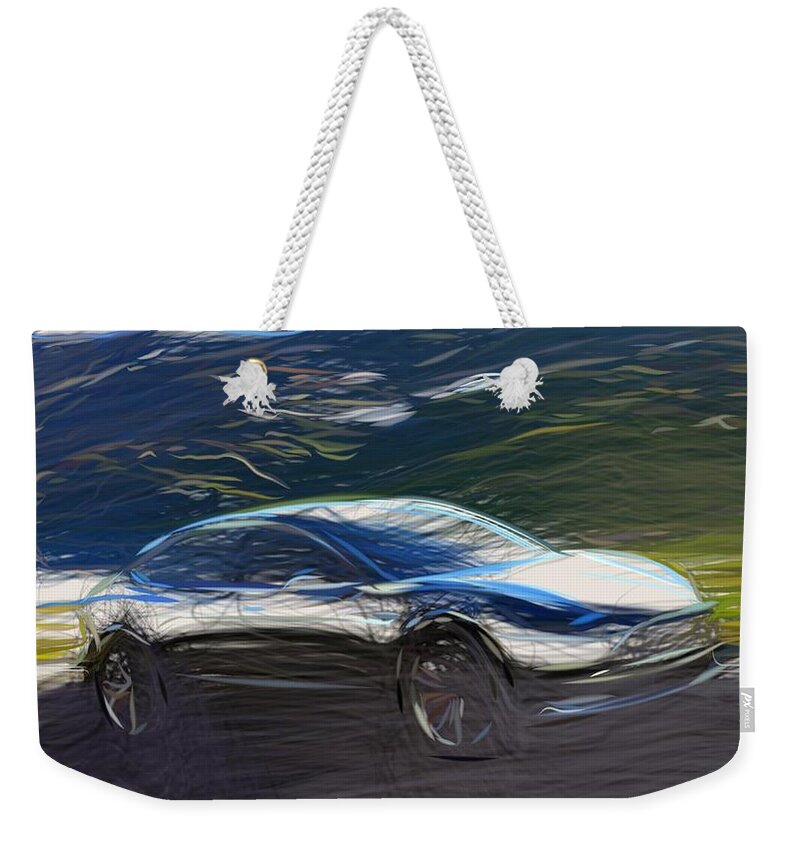 Tesla Weekender Tote Bag featuring the digital art Tesla Model 3 Prototype Draw by CarsToon Concept