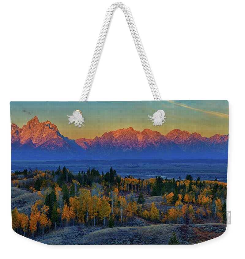 Tetons Weekender Tote Bag featuring the photograph Teton Range Autumn Alpenglow Panorama by Greg Norrell
