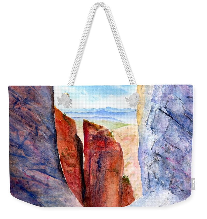 Big Bend Weekender Tote Bag featuring the painting Texas Big Bend Window Trail Pour Off by Carlin Blahnik CarlinArtWatercolor