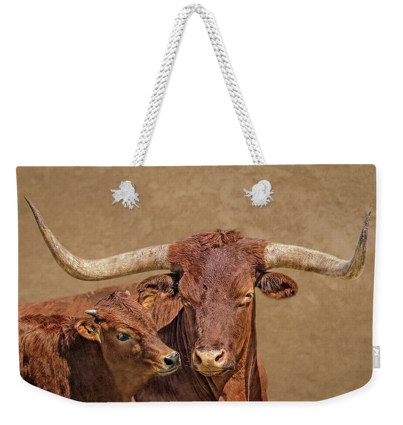 Texas Longhorn Weekender Tote Bag featuring the photograph Texas Longhorn Bull and Calf by Jennie Marie Schell