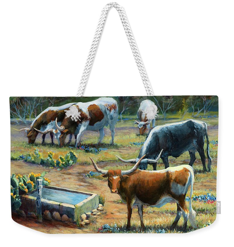 Cattle Weekender Tote Bag featuring the painting Texas Longhorn Herd by Cynthia Westbrook