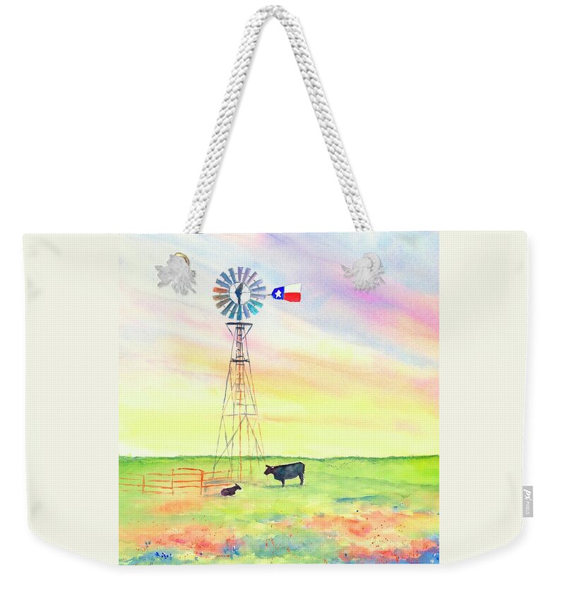 Texas Weekender Tote Bag featuring the painting Texas Windmill Bluebonnets and Cattle by Carlin Blahnik CarlinArtWatercolor