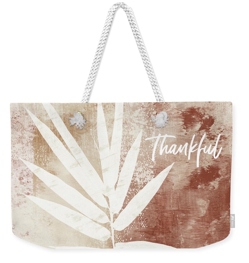 Thankful Weekender Tote Bag featuring the mixed media Thankful Autumn Clay Leaf- Art by Linda Woods by Linda Woods