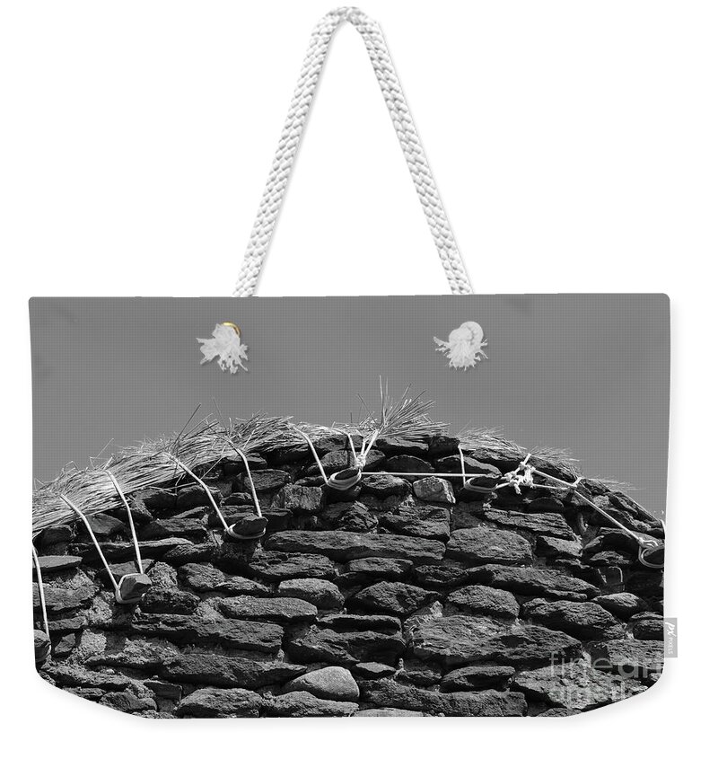 Donegal On Your Wall Weekender Tote Bag featuring the photograph Thatch Gable Donegal Ireland bw by Eddie Barron