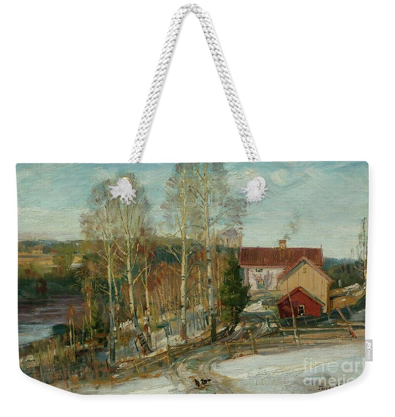 Landscape Weekender Tote Bag featuring the painting Thaw in Askim by O Vaering