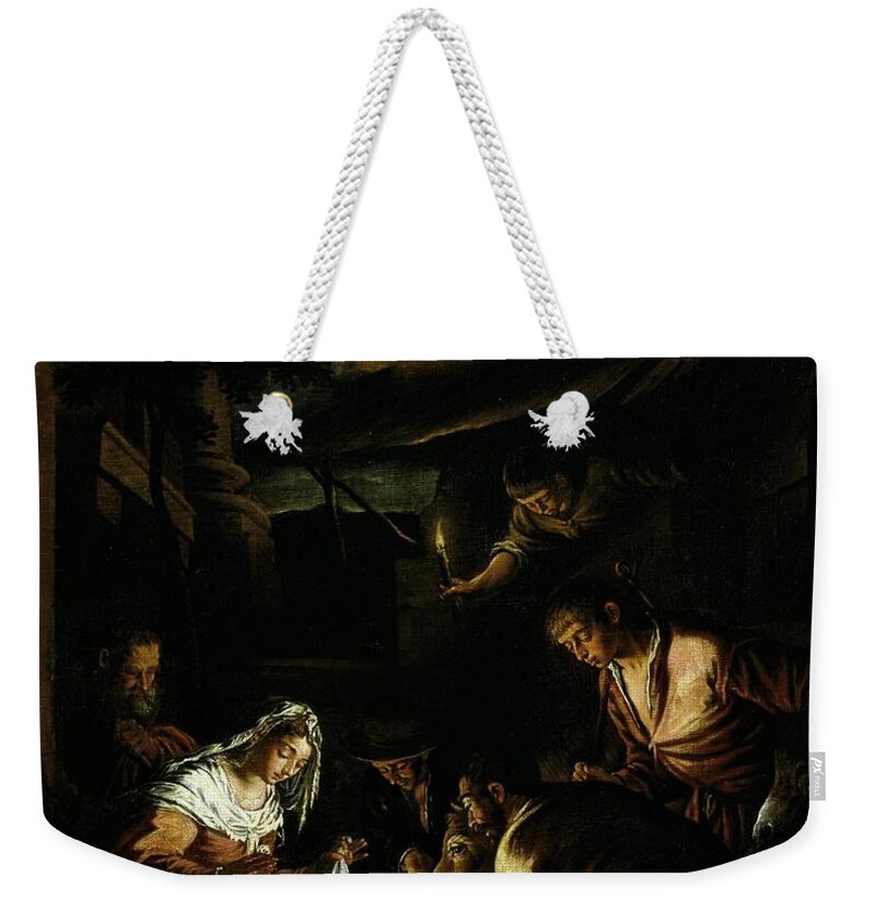 Child Jesus Weekender Tote Bag featuring the painting 'The Adoration of the Shepherds', After 1575, Italian School, Oil... by Jacopo Bassano -c 1510-1592-