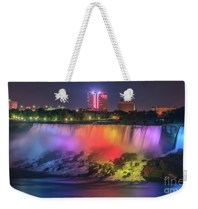 Majestic Weekender Tote Bag featuring the photograph The American Falls at Niagara Falls at twilight. by Henk Meijer Photography