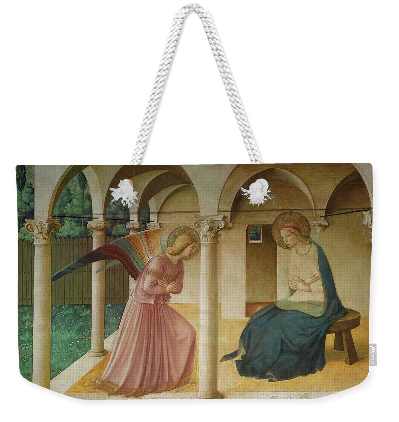 Archangel Gabriel Weekender Tote Bag featuring the painting The Annunciation. Fresco in the former dormitory of the Dominican monastery San Marco, Florence. by Fra Angelico -c 1395-1455-