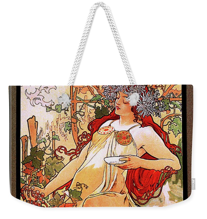 The Autumn Weekender Tote Bag featuring the painting The Autumn by Alphonse Mucha by Rolando Burbon