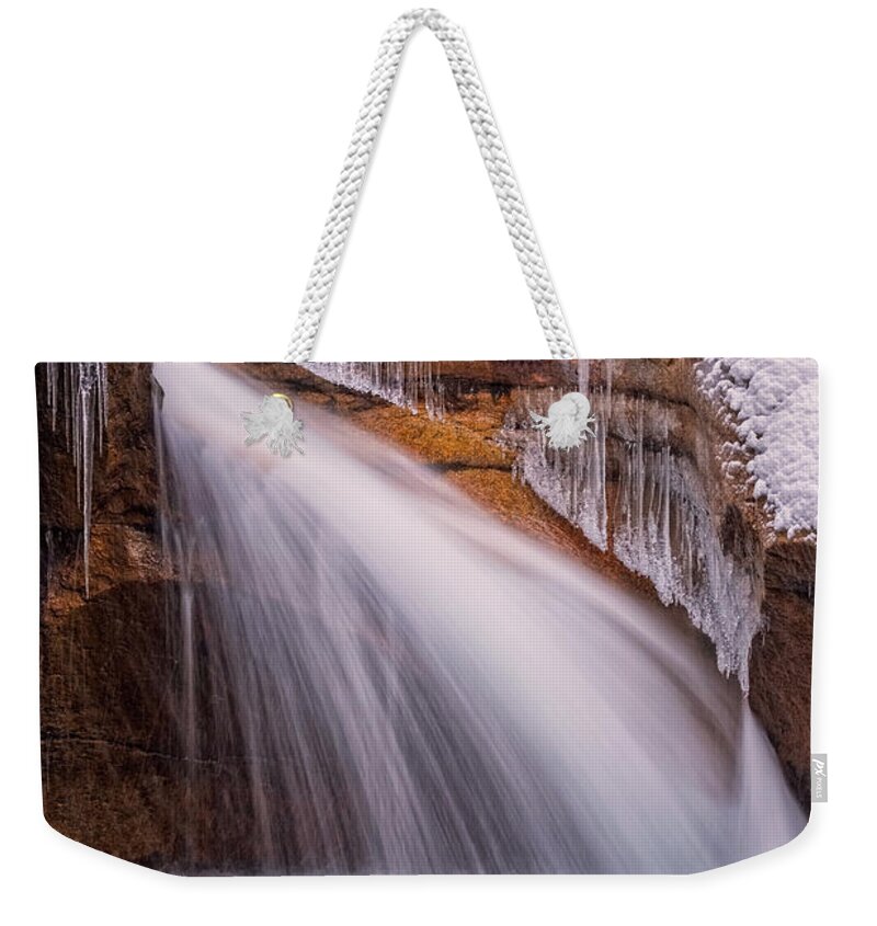 Franconia Notch Weekender Tote Bag featuring the photograph The Basin, Close Up In A Winter Storm by Jeff Sinon