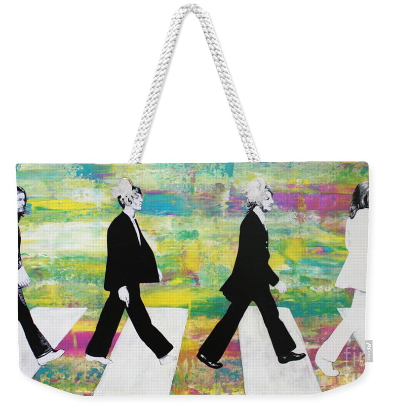 The Beatles Weekender Tote Bag featuring the mixed media The Beatles Group on Abbey Road by Kathleen Artist PRO