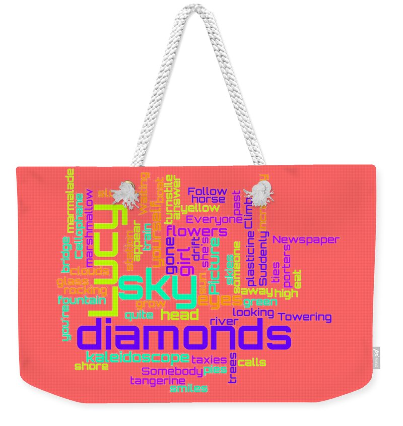 The Beatles Weekender Tote Bag featuring the digital art The Beatles - Lucy in the Sky with Diamonds Lyrical Cloud by Susan Maxwell Schmidt