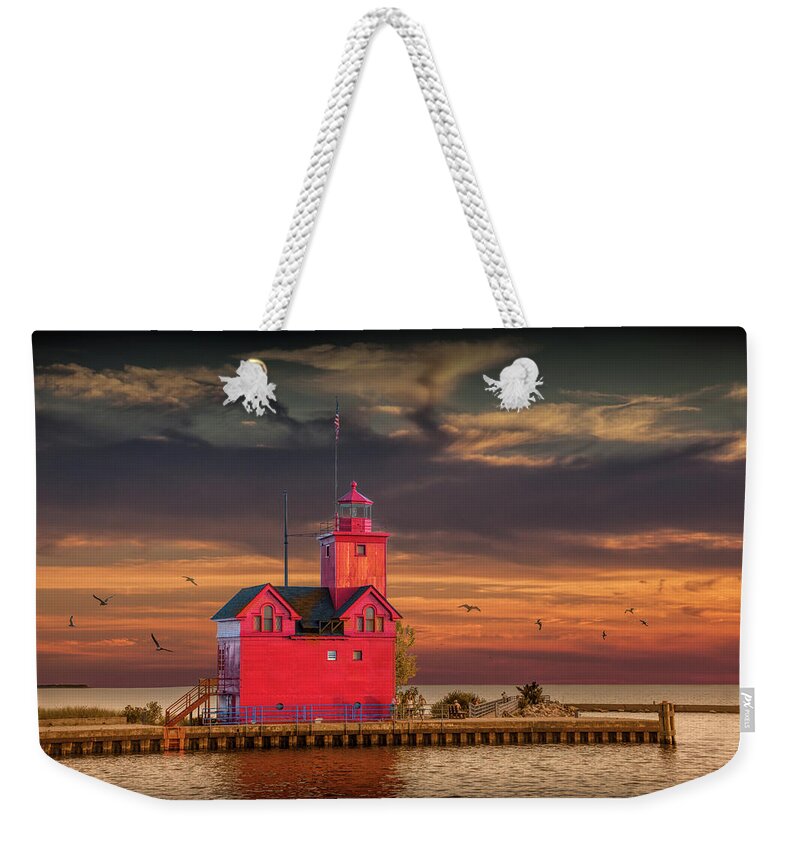 Art Weekender Tote Bag featuring the photograph The Big Red Lighthouse at Sunset on Lake Michigan by Ottawa Beac by Randall Nyhof
