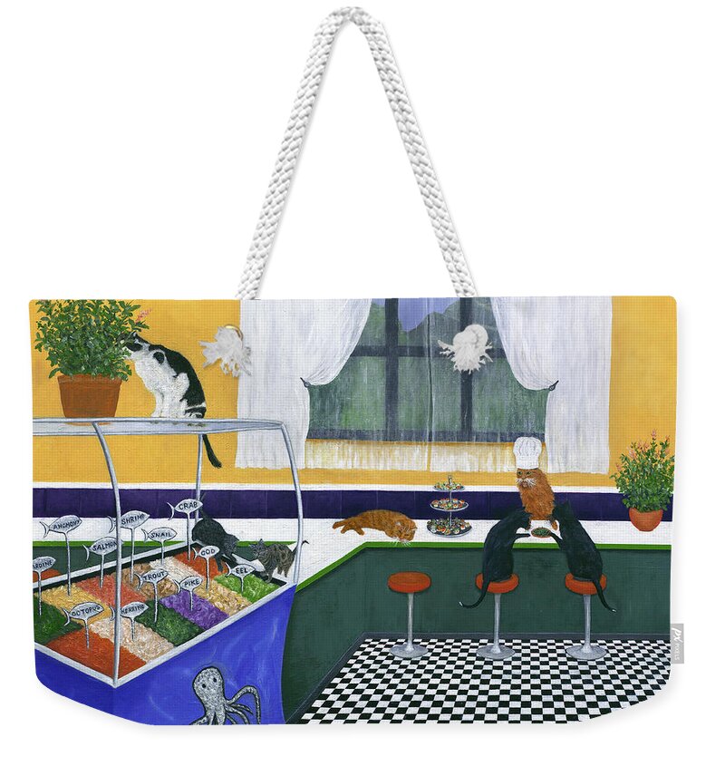 Karen Zuk Rosenblatt Weekender Tote Bag featuring the painting The Cat Cafe by Karen Zuk Rosenblatt
