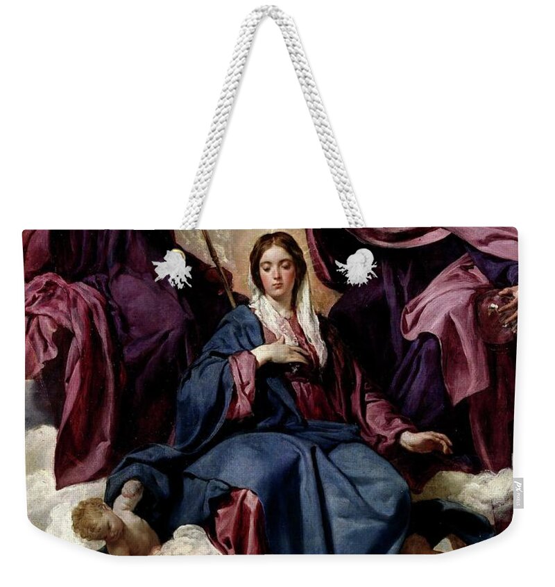 Diego Velazquez Weekender Tote Bag featuring the painting 'The Coronation of the Virgin', ca. 1635, Spanish School, ... by Diego Velazquez -1599-1660-