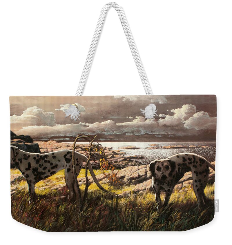 Hans Saele Weekender Tote Bag featuring the painting The dalmatians Fryda and Damina at the coast by Hans Egil Saele