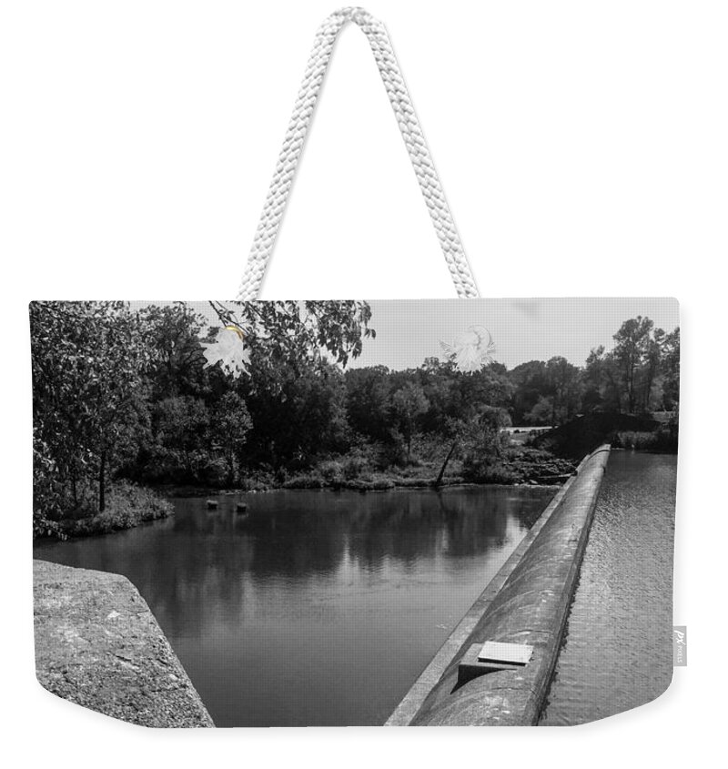 Black And White Weekender Tote Bag featuring the photograph The Dam by Kelly Thackeray