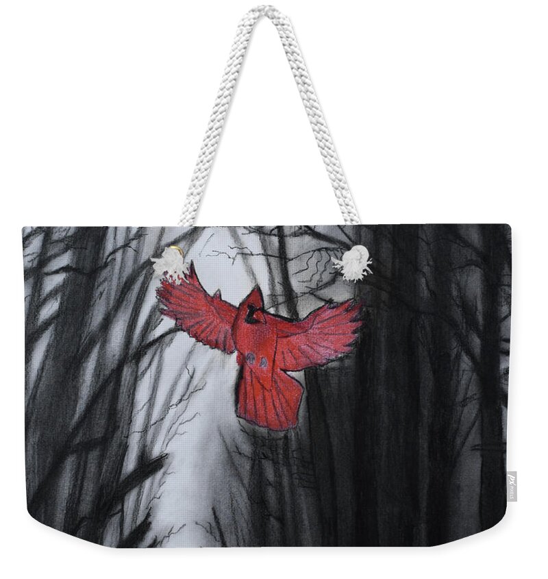 Cardinal Weekender Tote Bag featuring the drawing The Dark Forest by Nadija Armusik