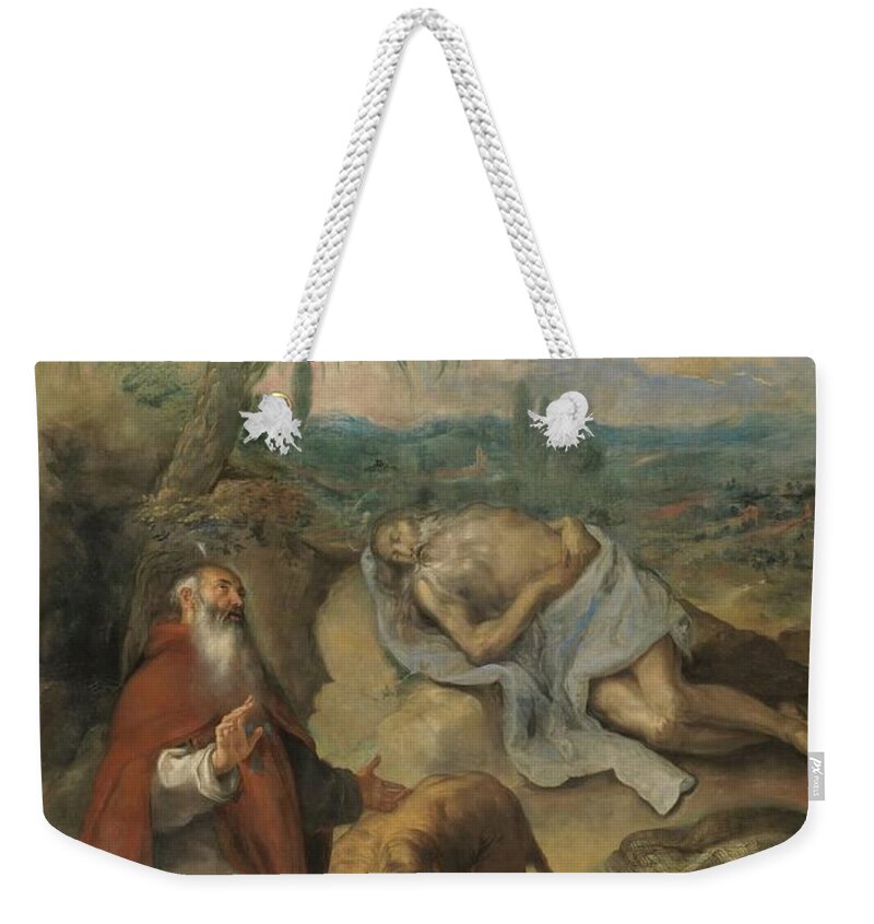 Camilo Francisco Weekender Tote Bag featuring the painting 'The Death of Saint Paul the Hermit'. Ca. 1649. Oil on canvas. Anthony the Great. by Francisco Camilo -1615-1673-