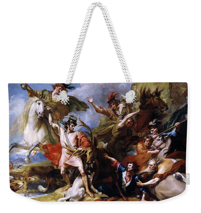 The Death Of The Stag Weekender Tote Bag featuring the painting The Death of the Stag by Benjamin West by Rolando Burbon