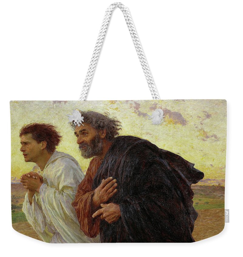 Eugene Burnand Weekender Tote Bag featuring the painting The Disciples Peter and John running to the tomb on the morning of the Resurrection, 1898 by Eugene Burnand