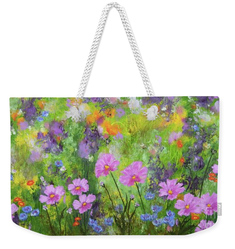 Barrieloustark Weekender Tote Bag featuring the painting The Earth Laughs In Flowers by Barrie Stark