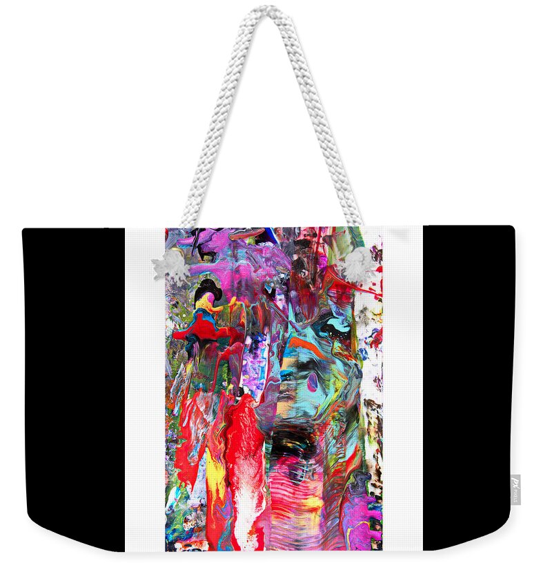 Wow Wild Abstract Fun Colorful Dynamic Dramatic Accidental-art Weekender Tote Bag featuring the painting The Edge Catcher w brdr by Priscilla Batzell Expressionist Art Studio Gallery