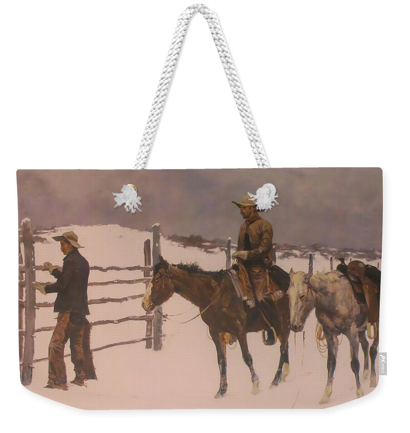 The Fall Of The Cowboy Weekender Tote Bag featuring the digital art The Fall Of The Cowboy by Frederic Remington