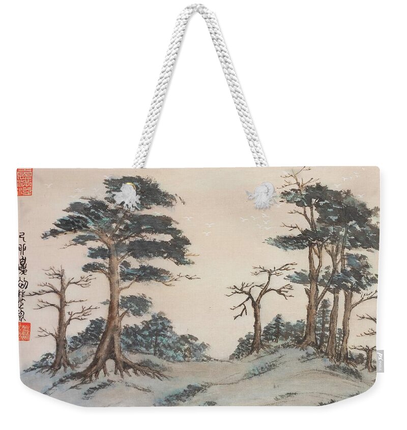 Chinese Watercolor Weekender Tote Bag featuring the painting Flying White Birds  by Jenny Sanders