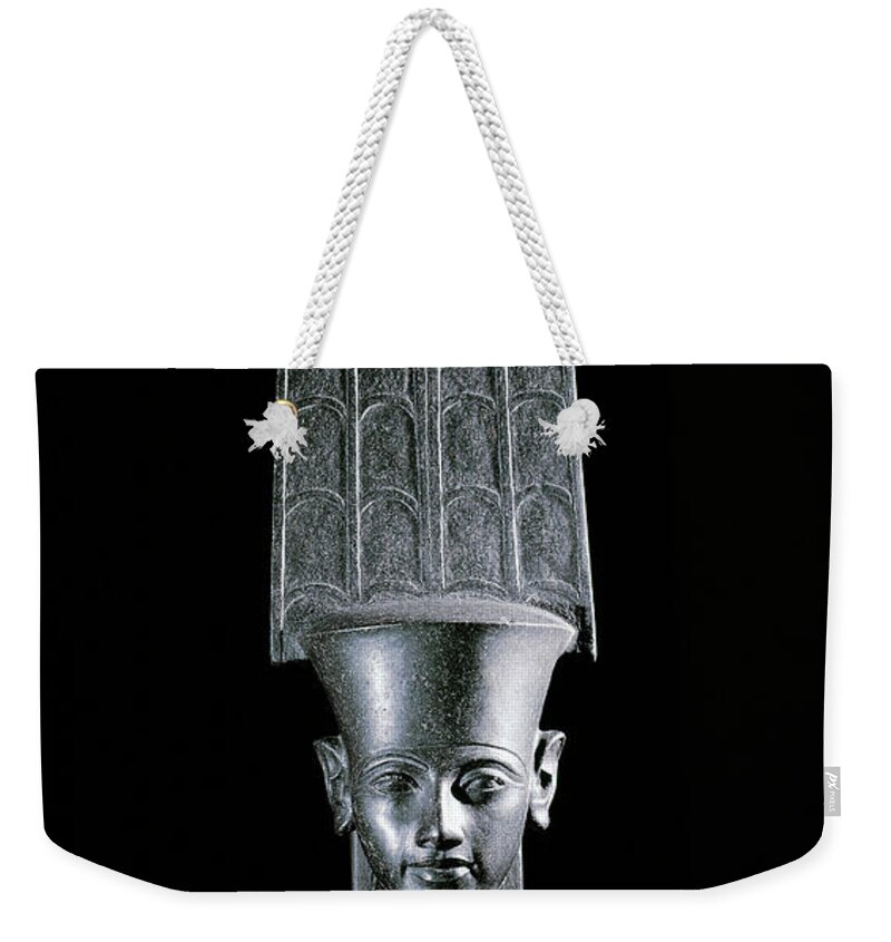 Egyptian Weekender Tote Bag featuring the sculpture The god Amon, protecting the pharaoh Tutankhamun by Egyptian School
