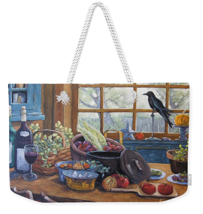 30x24x1.5 Weekender Tote Bag featuring the painting The Good Harvest Country Kitchen by Richard Pranke by Richard T Pranke