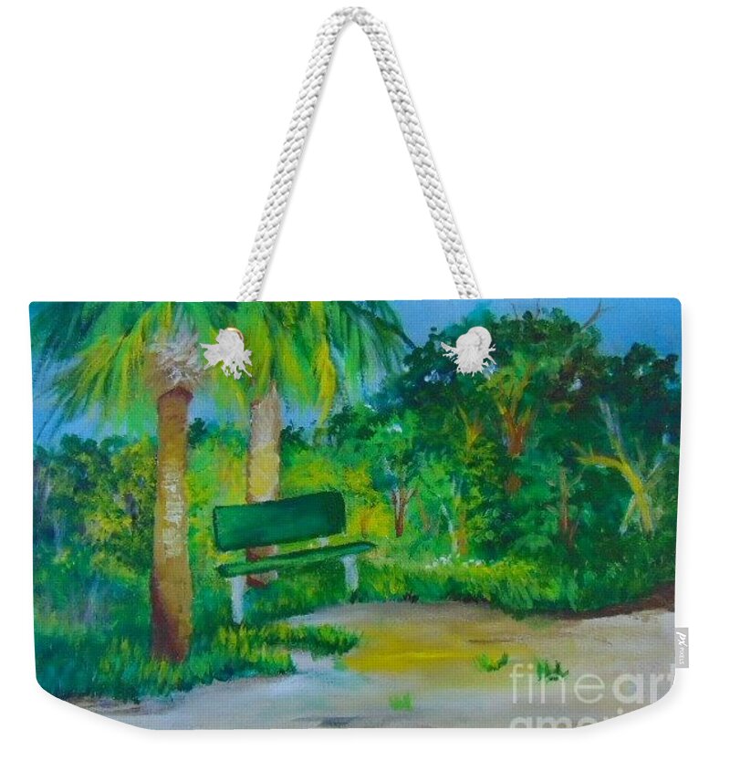 Green Weekender Tote Bag featuring the painting The Green Bench by Saundra Johnson
