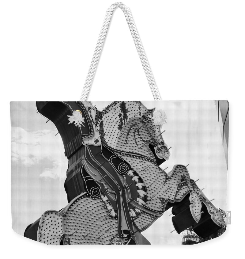 Cowboy Weekender Tote Bag featuring the photograph The Hacienda Horse And Rider Neon Sign BW by Mary Pille
