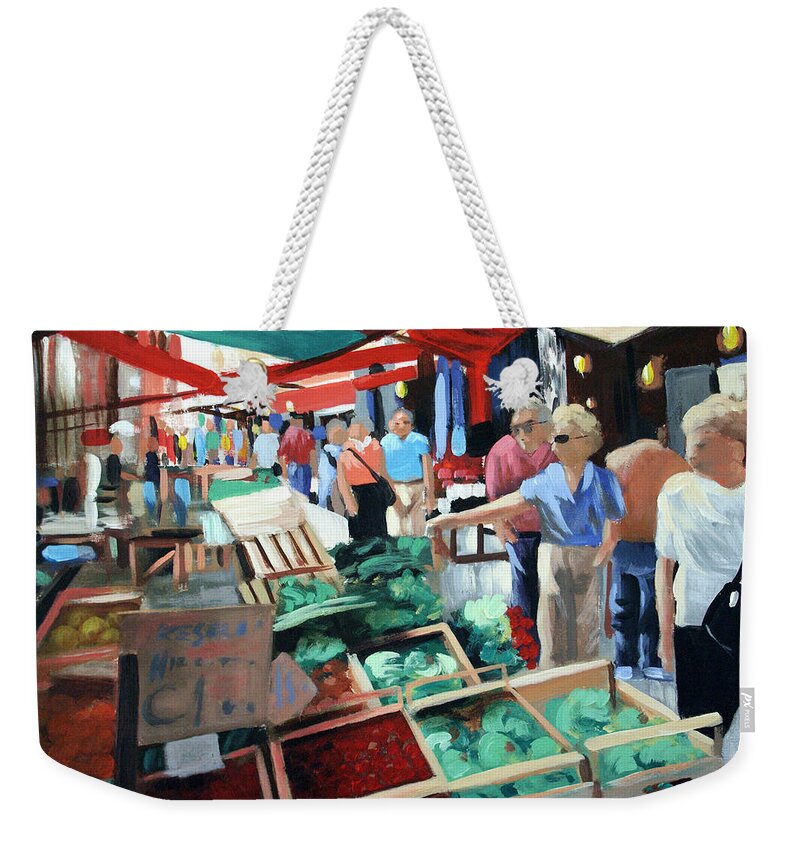 The Italian Fruit Market Weekender Tote Bag featuring the painting The Italian Fruit Market by Anthony Falbo