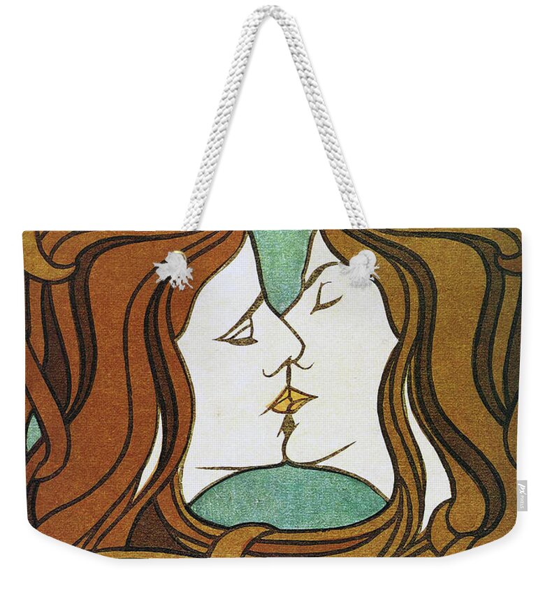 The Kiss Weekender Tote Bag featuring the painting The Kiss, Art Nouveau women kissing circa 1898 by Tina Lavoie