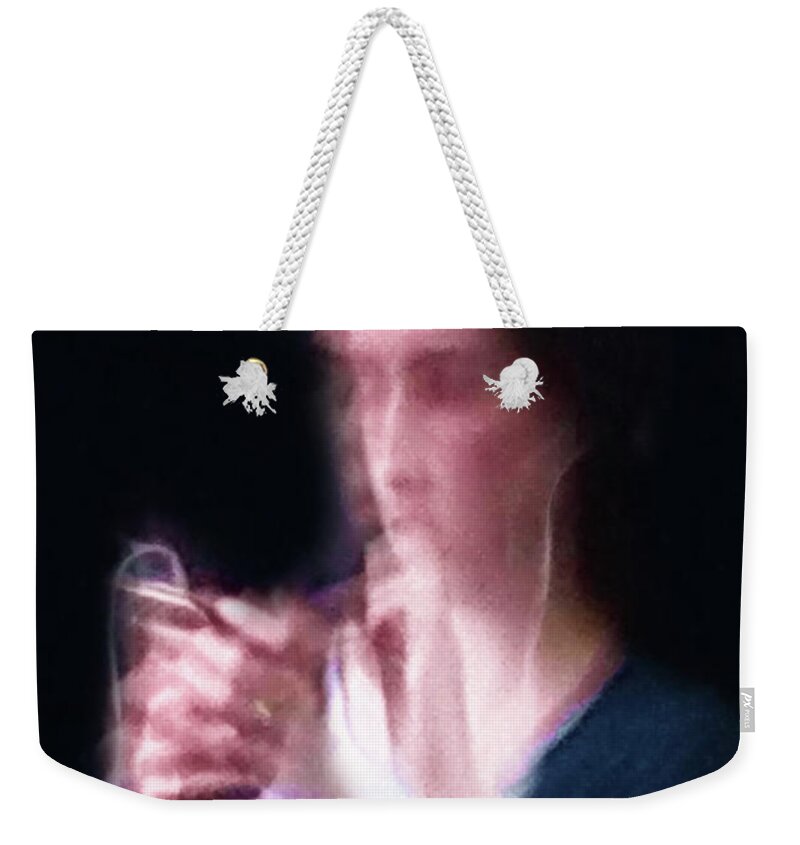 The Lady With Smart Phone Weekender Tote Bag featuring the digital art The Lady with Smart Phone by Attila Meszlenyi