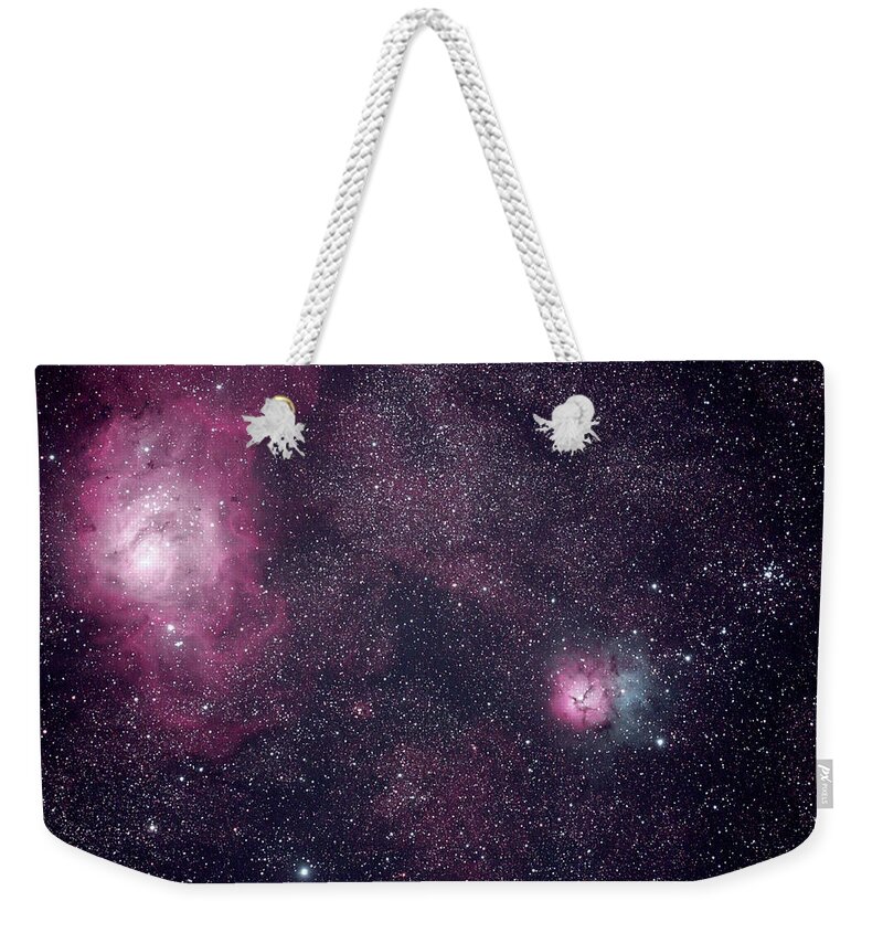 Constellation Weekender Tote Bag featuring the photograph The Lagoon And Trifid Nebula by Pat Gaines