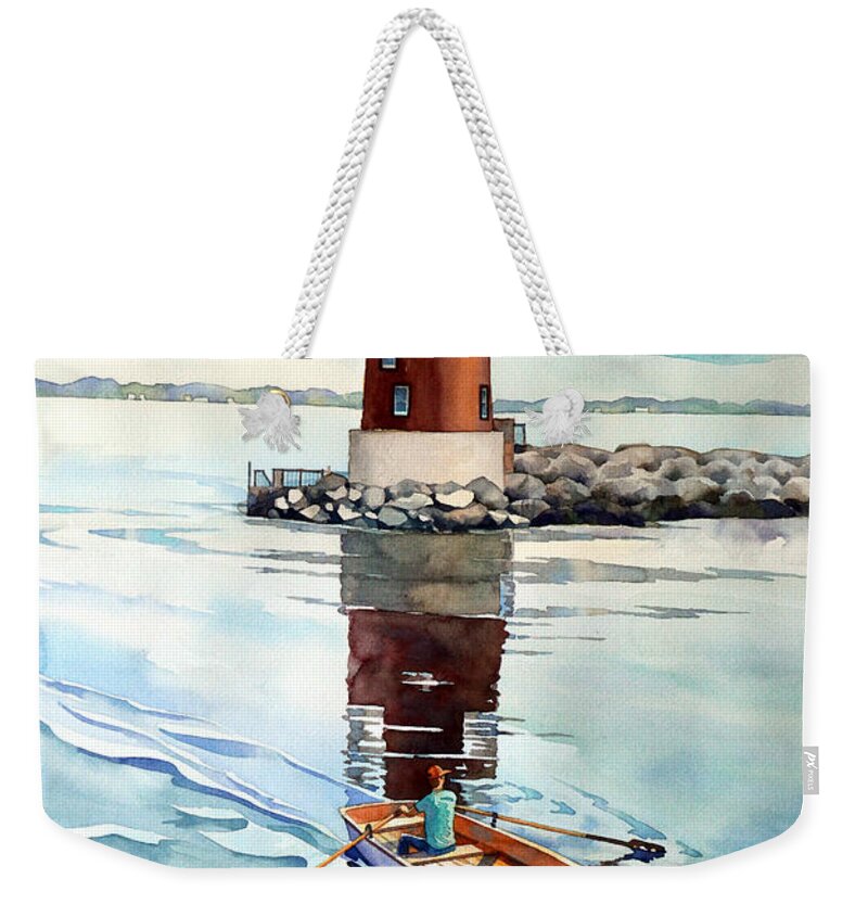 #watercolor #watercolorpainting #delaware #delawarebay #ral #capehenlopen #lighthouse #art #artistsoninstagram #boat #landscape #painting #rowing #rehobothbeach #water Weekender Tote Bag featuring the painting The Lighthouse Keeper by Mick Williams
