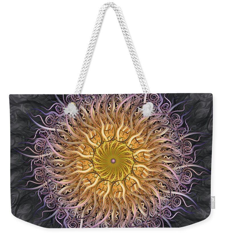 Pinwheel Mandala Weekender Tote Bag featuring the digital art The Lights Of Spiral Serenity by Becky Titus