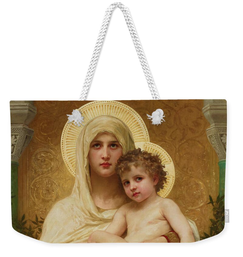 William Adolphe Bouguereau Weekender Tote Bag featuring the painting The Madonna of the Roses, 1903 by William-Adolphe Bouguereau