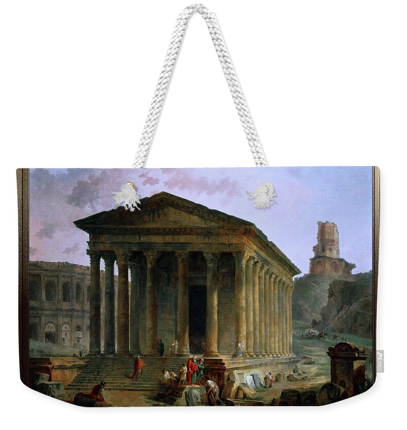 Maison Carée Weekender Tote Bag featuring the digital art The Maison Caree the Arenas and the Magne Tower in Nimes by Hubert Robert by Rolando Burbon
