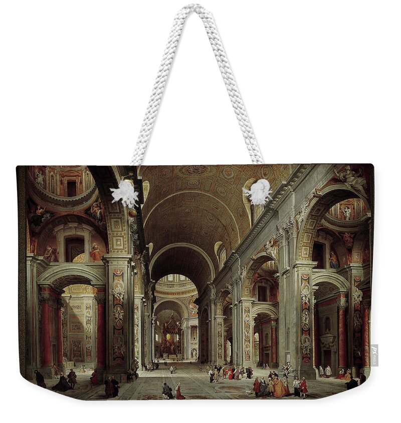 The Nave Of St. Peter's Basilica Weekender Tote Bag featuring the painting The Nave of St Peter's Basilica in the Vatican c1735 by Giovanni Paolo Pannini by Rolando Burbon