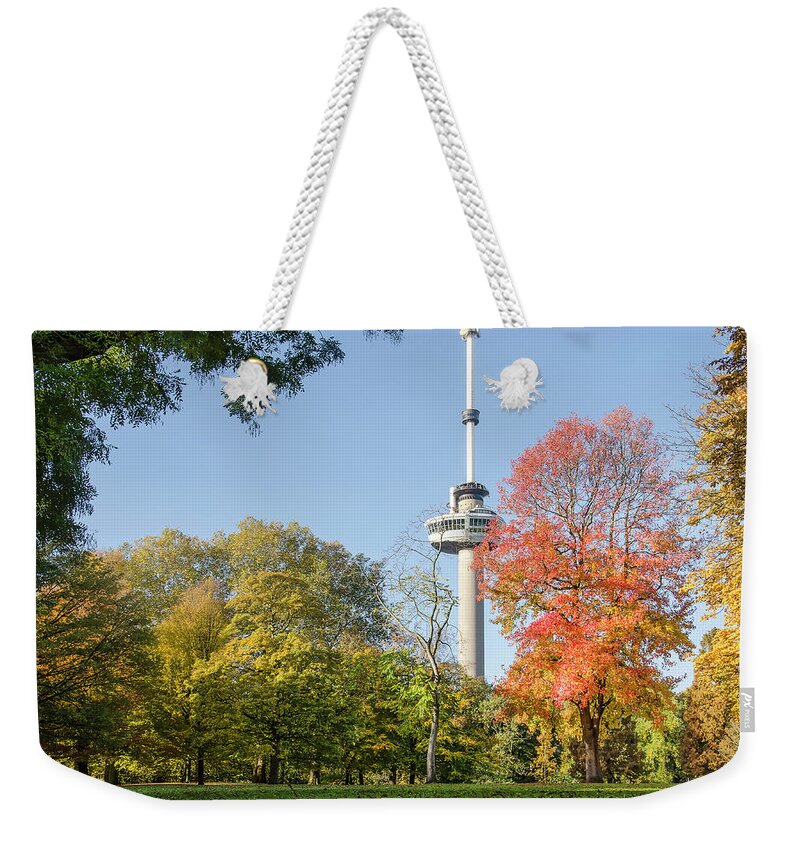 Rotterdam Weekender Tote Bag featuring the photograph The Park, The Euromast and the Sweet Gum Tree by Frans Blok