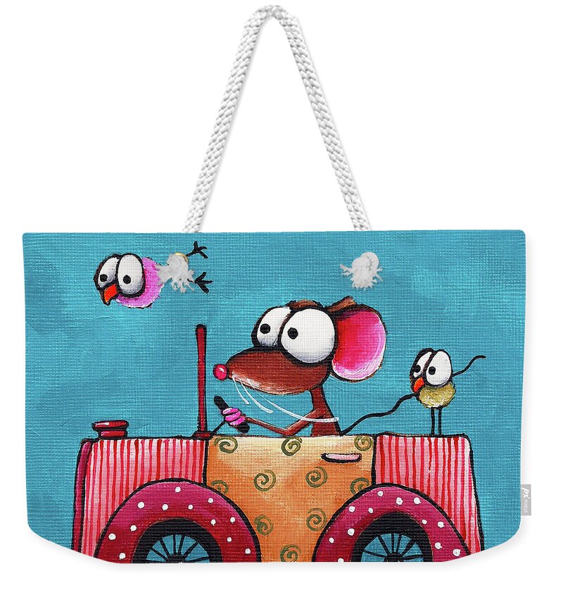 Mouse In A Car Weekender Tote Bag featuring the painting The Pink Car by Lucia Stewart