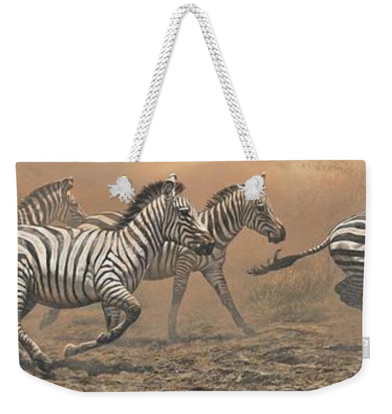 Alan M Hunt Weekender Tote Bag featuring the painting The Race - Zebras by Alan M Hunt