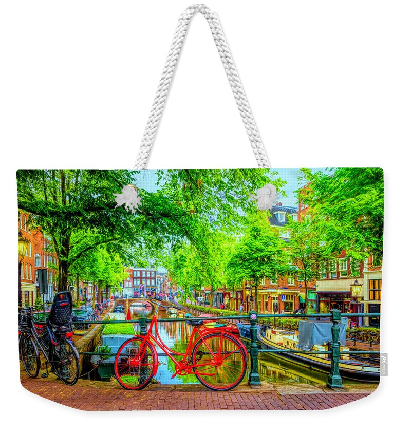Boats Weekender Tote Bag featuring the photograph The Red Bike in Amsterdam in HDR Detail by Debra and Dave Vanderlaan