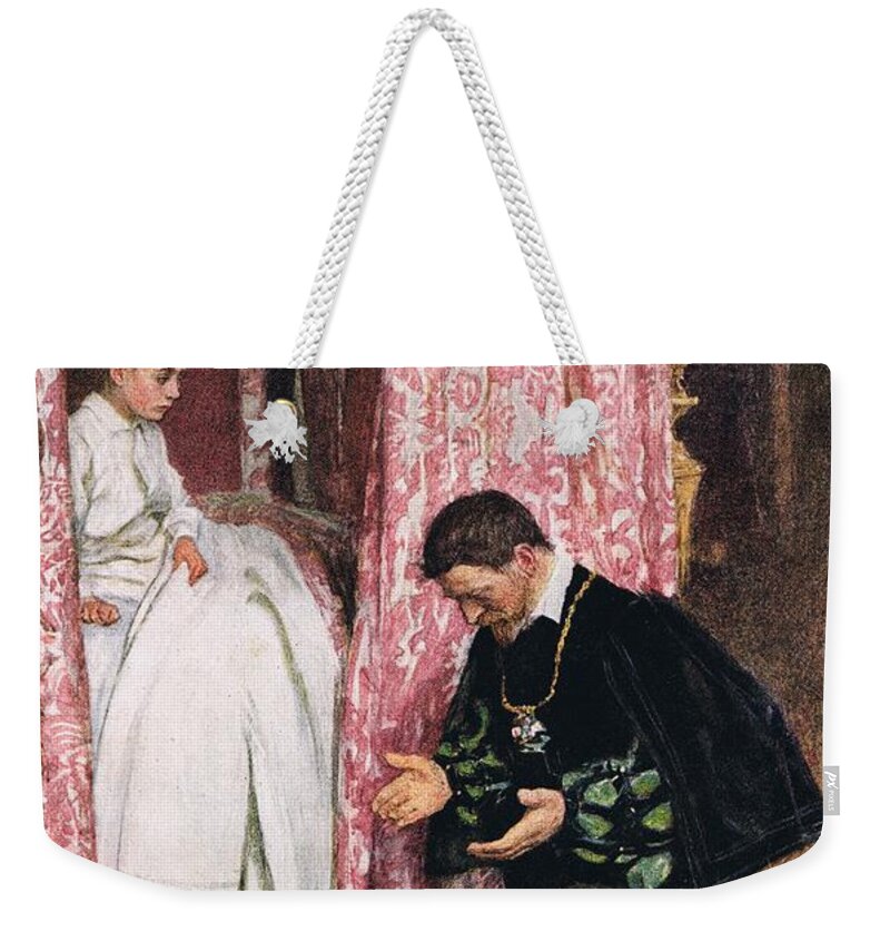 Child Weekender Tote Bag featuring the drawing 'the Richly Clad First Lord Of The Bedchamber Was Kneeling By His Couch', 1923 by William Hatherell