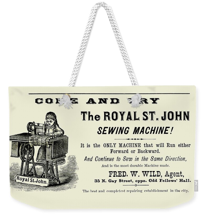 Sewing Weekender Tote Bag featuring the painting The Royal St. John Sewing Machine by Unknown