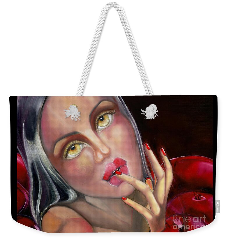 Woman Weekender Tote Bag featuring the painting The sensual cherry by Luana Sacchetti